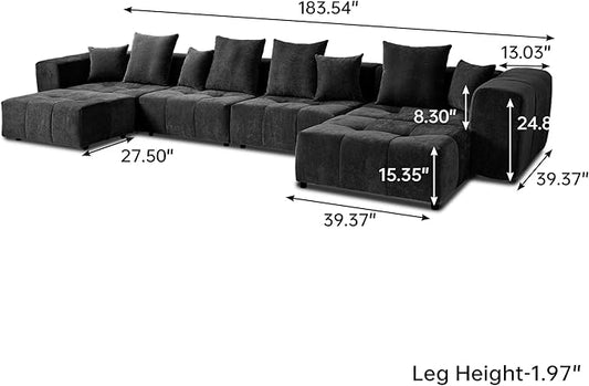 JACH 183.5 Inch U-Shaped Modular Sectional Sofas, Modern 4-Seater Couch with Chaise Ottomans, Mid Century Modern Sectional Couches, Cozy Sleeper Sofa for Living Room (Linen Fabric, Black)