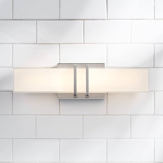 Possini Euro Design Exeter Modern Art Deco Wall Mount Light LED Brushed Nickel Silver Metal 17" Wide Vanity Fixture Rectangular Silk Screened Glass Shade Decor for Bathroom Over Mirror House Home