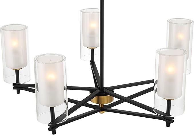 Possini Euro Design Nyack 25" Modern Pendant Chandelier Ceiling Light Fixture Dining Room Over Table Kitchen Island Foyer Open Frame Hanging 5-Light Black Gold Finish White Glass Hallway Entryway