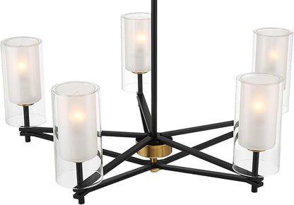 Possini Euro Design Nyack 25" Modern Pendant Chandelier Ceiling Light Fixture Dining Room Over Table Kitchen Island Foyer Open Frame Hanging 5-Light Black Gold Finish White Glass Hallway Entryway