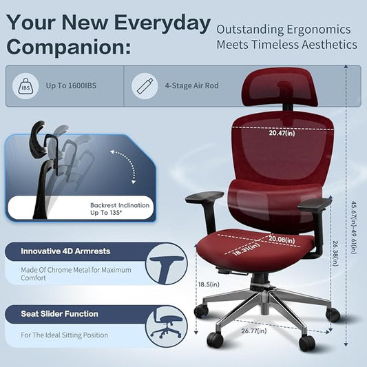 Ergonomic Office Chair, High Back Desk Chair with 4D Armrests, 135° Reclining Swivel Chair with 3-Level Tilt Lock, 2D Headrest & Sliding Seat, Dual Back Support, Adjustable Lumbar, Heavy Duty 1600 lbs