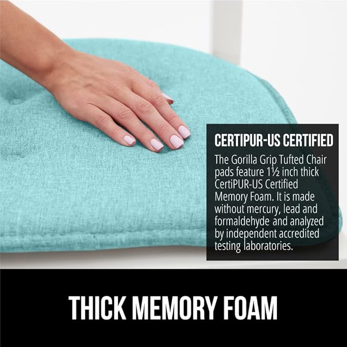 GORILLA GRIP Slip Resistant Tufted Chair Cushions, No Ties Required, Set of 6 Memory Foam Pads for Dining Room Kitchen Table Office Rocking Chairs, Plush Seat Cushion Pad, Home Decor, 16x17, Turquoise