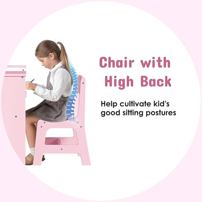 Arlopu Kids Vanity Set, 2 in 1 Toddler Makeup Dressing Table and Chair Set w/Detachable Tri-fold Mirror, Open Shelves, Princess Wooden Pretend Play Desk Furniture Toy for Little Girl (Pink)