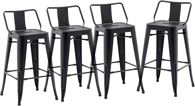 HAOBO Home 24" Low Back Metal Counter Stool Height Bar Stools [Set of 4] for Indoor/Outdoor Barstools, Matte Black