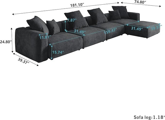 Oversized Modular Sectional Sofa with Ottomans,5 Seater Corduroy L Shaped Reversible Corner Couch,181.1" Convertible Sofa & Couch Free Combination for Living Rooom,Black