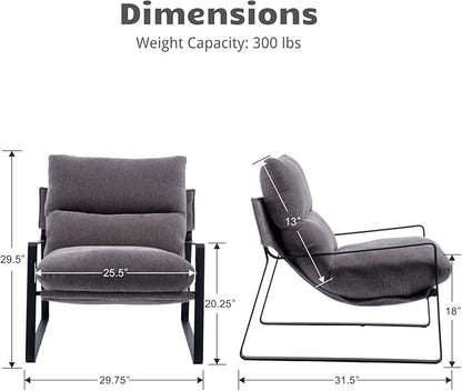 HEAH-YO Modern Accent Chair Set of 1, Linen Fabric Living Room Chair with Removable Cushion and Solid Metal Frame, Comfy Reading Chair for Bedroom, Grey