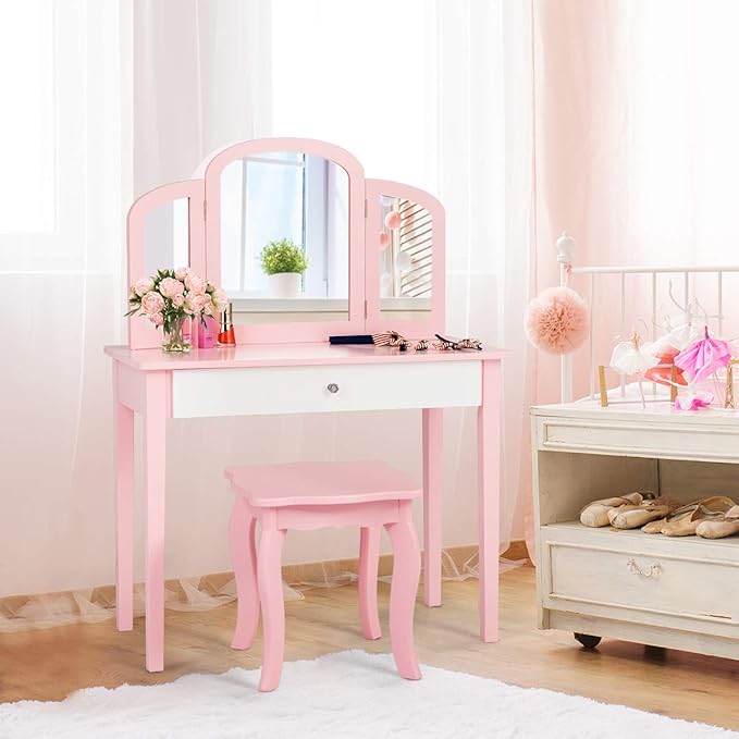Costzon Kids Vanity, Girls Vanity Set with Tri-Folding Mirror, Stool, Storage Drawer, Princess Toddler Makeup Vanity Desk Dressing Table, Wooden Kids Vanity Table and Chair Set (Pink)