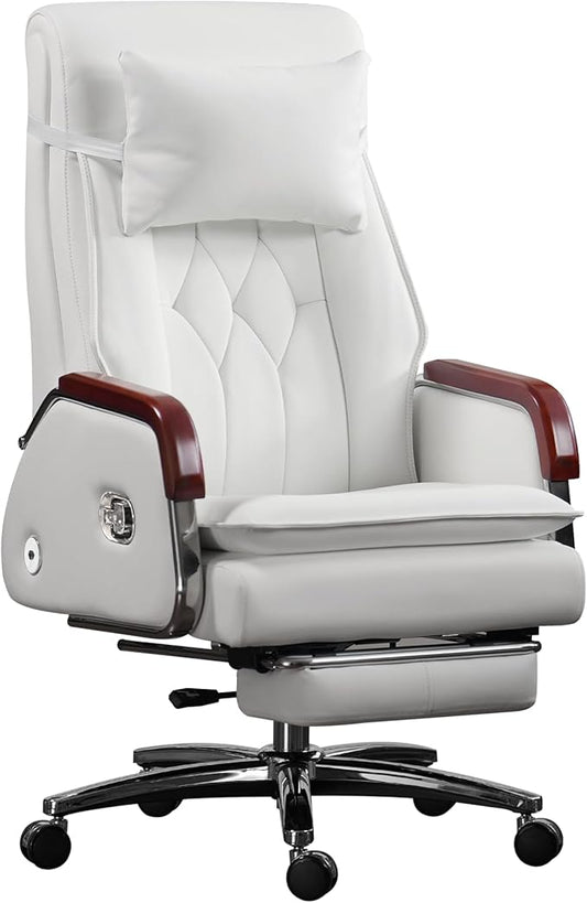 Kinnls Cameron Massage Chair Genuine Leather with Heated Ventilation, Managerial Executive Home Office Chair Fully Reclining with Retractable Footrest and Adjustable Headrest (Cowhide Leather-White)