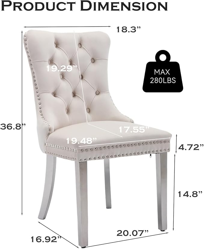 Velvet Upholstered Dining Chairs Set of 4, Modern Style Kitchen Side Chairs with Nailhead Trim and Silver Plated Leg, Metal Pulling Ring for Dining Room Living Room((Creamy White,Set of 4)