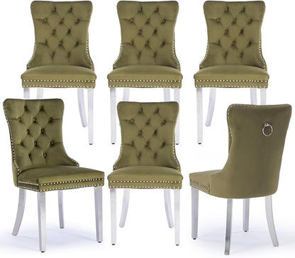Velvet Upholstered Dining Chairs Set of 6, Modern Kitchen Side Chairs with Nailhead Trim and Silver Plated Leg, Metal Pulling Ring for Dining Room Living Room(Olive Green-Silver Plated Leg)