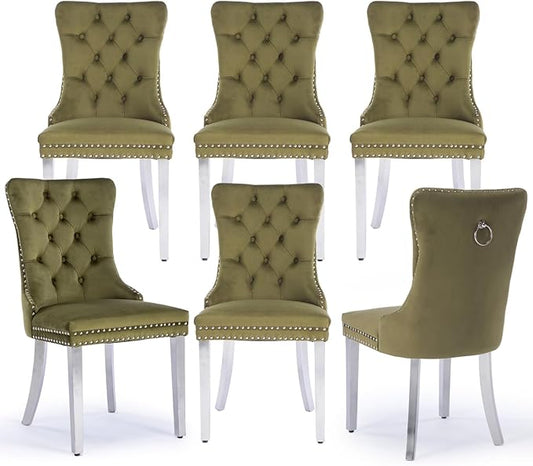 Velvet Upholstered Dining Chairs Set of 6, Modern Kitchen Side Chairs with Nailhead Trim and Silver Plated Leg, Metal Pulling Ring for Dining Room Living Room(Olive Green-Silver Plated Leg)