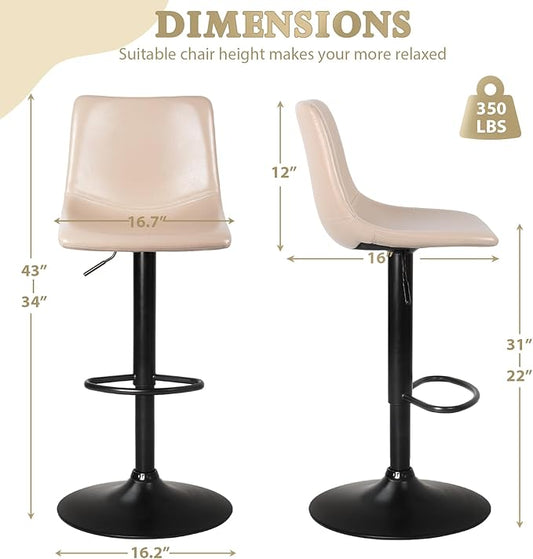LEMBERI Bar Stools Set of 2, Modern Adjustable Swivel Bar Barstools Counter Height with Backrest, Faux Leather Upholstered Bar Chair for Kitchen Island, Beige