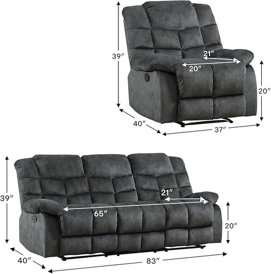 CANMOV Manual Reclining Sofa Set,2 Pieces Sofa Furniture Set for Living Room, Manual Recliner Sofa and Recliner Chair with Arms for Living Room, Bedroom, Grey(1+3)
