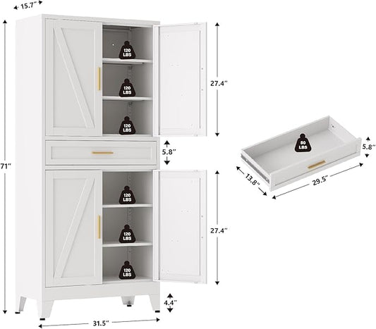 Large Metal Kitchen Pantry Cabinet with Adjustable Shelves - Freestanding Kitchen Storage Cabinet for Dining Room,Livingroom Bathroom, Hallway, Workshop, Office (White, 71"-1 Drawer)