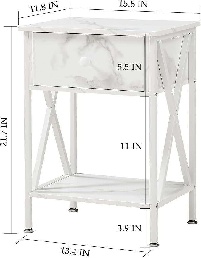 VECELO End Tables, Modern Nightstand with Drawer & Shelf, Night Stand for Bedroom Living Room,Industrial Metal Frame