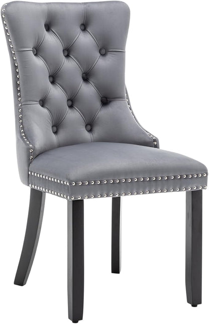 Velvet Dining Chairs Set of 2, Tufted Dining Room Chairs with Nailhead Ring Pull Trim, Upholstered Dining Chairs with Solid Wood Legs for Kitchen Dining Room, Sillas De Comedor (Grey)