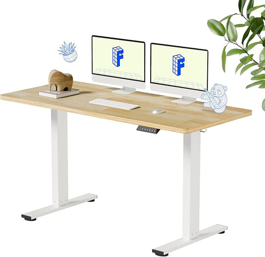 FLEXISPOT EN1 One-Piece Solid Wooden Standing Desk 55 x 24 Inches Height Adjustable Electric Sit Stand Home Office Desks (White Frame + Rubber Wood Top, 2 Packages)