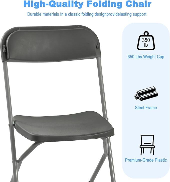 70 Pack Plastic Folding Chairs, Portable Party Chairs, Stackable Commercial Seats with Steel Frame for Home Office Wedding Party Indoor Outdoor Events Chairs, 350lbs Capacity,Gray