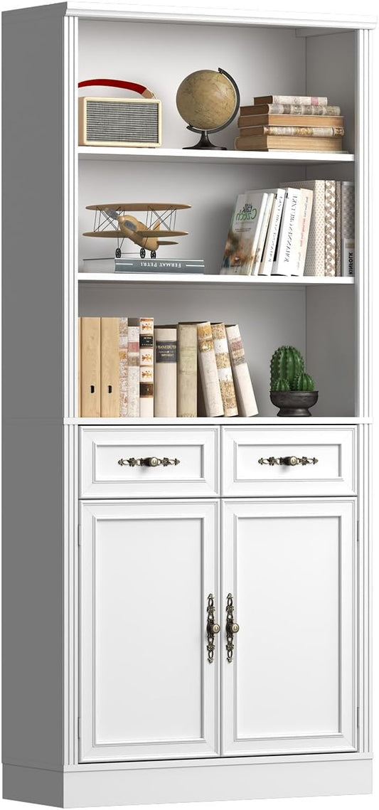 72'' Tall Bookcase with Doors and Drawers, Adjustable Shelves, P2 MDF Construction, 32'' Wide Freestanding Cabinet with Metal Handles, Hidden Storage for Living Room, Bedroom, White