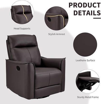 CANMOV Swivel Rocker Recliner, Glider Rocking Chair, Nursing Chairs Swivel Glider Recliners with Soft Backrest, Leathaire Manual Reclining Sofa for Living Room Bedroom Apartment, Dark Brown