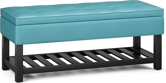 SIMPLIHOME Cosmopolitan 44 inch Wide Transitional Rectangle Storage Ottoman Bench with Open Bottom in Soft Blue Vegan Faux Leather, Assembled for the Living Room and Bedroom