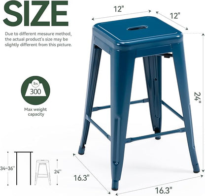 Vogue Furniture Direct 24 Inch Metal Bar Stools, Backless Counter Height Barstools, Indoor Outdoor Stackable Stools with Square Seat, Set of 2 (Deep Blue)