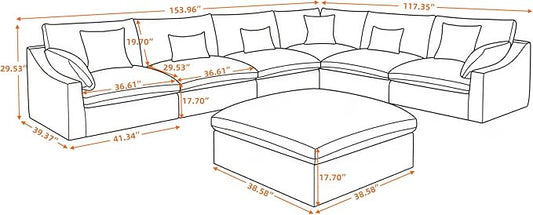 Cloud Modular Sectional Sofa with Ottoman,154" Sectional Sofa Bed Sleeper Couch for Living Room,Convertible Couch Deep Seat for Office Apartment,Covers Washable&Replaceable,Khaki