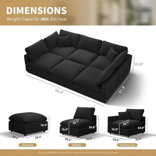 Linen Sleeper Sofa Bed,Modern Sectional Sofa Couch for Living Room,95.4 Inch Cloud Couches Cushion Covers Removable,Cozy Feather Down Sofa for Apartment Black