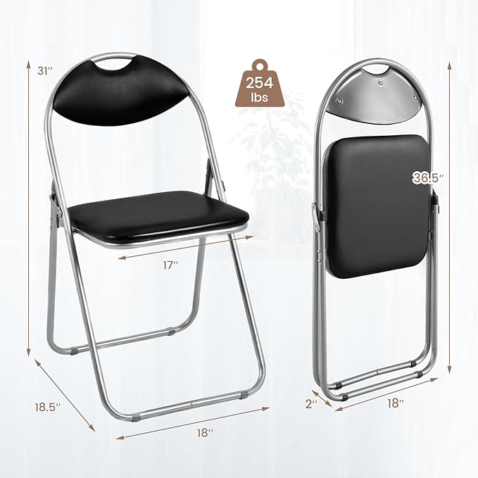 S AFSTAR Folding Chairs Set of 2, Metal Folding Chairs with Carrying Handles, Padded Seats, Non-Slip Foot Pads, Indoor & Outdoor Foldable Padded Chairs for Home Office Reception Room Church, Black