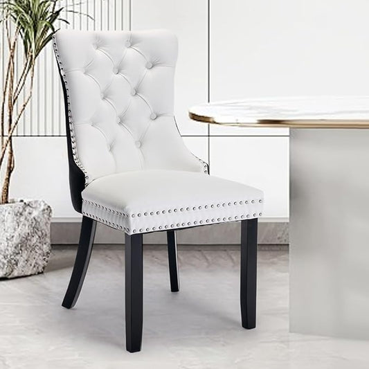 Leather Upholstered Dining Chairs Set of 4, Modern Style Kitchen Side Chairs with Nailhead Trim and Wood Leg, Metal Pulling Ring for Dining Room Living Room(Black&White,Set of)