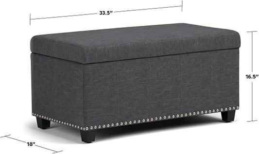 SIMPLIHOME Amelia 33 inch Wide Transitional Rectangle Storage Ottoman Bench in Slate Grey Linen Look Fabric, Assembled, For the Living Room, Entryway and Family Room