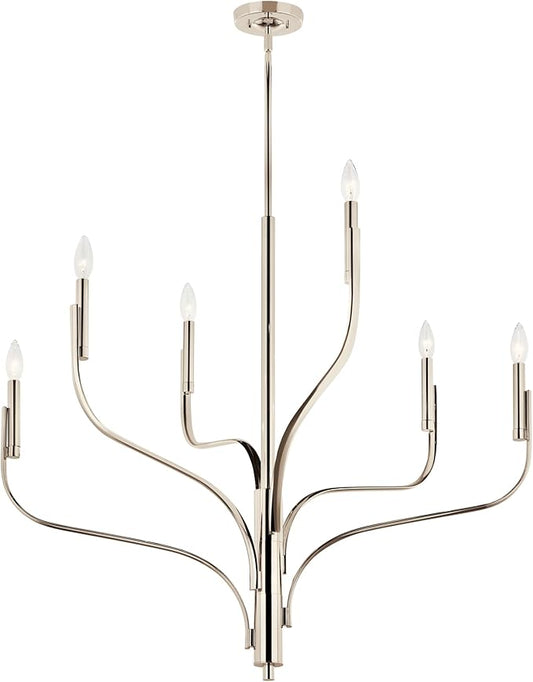 KICHLER Livadia 6-Light Chandelier, Soft Modern-Light in Polished Nickel, for Foyer, Great Room, or Vaulted Dining or Bedroom (33" x 36.25"), 52673PN