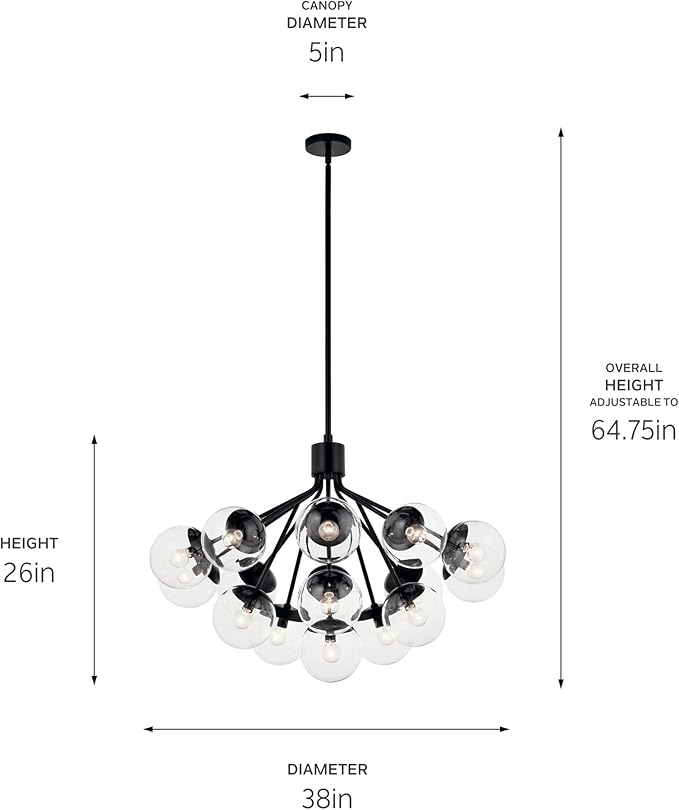 KICHLER Silvarious 16-Light Convertible Chandelier, Soft Modern Light with Clear Glass in Black, for Dining Room, Living Room or Foyer (26" x 38"), 52702BKCLR