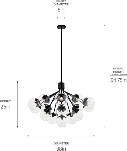 KICHLER Silvarious 16-Light Convertible Chandelier, Soft Modern Light with Clear Glass in Black, for Dining Room, Living Room or Foyer (26" x 38"), 52702BKCLR