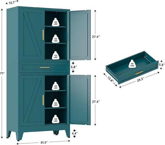 Large Metal Kitchen Pantry Cabinet with Adjustable Shelves - Freestanding Kitchen Storage Cabinet for Dining Room,Livingroom Bathroom, Hallway, Workshop, Office (Blue, 71"-1 Drawer)