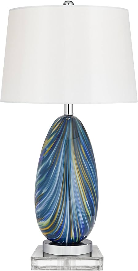 Possini Euro Design Pablo Modern Style Table Lamp with Clear Square Riser 28.5" Tall Multi Blue Art Glass White Drum Shade for Living Room Bedroom House Bedside Nightstand Home (Color May Vary)
