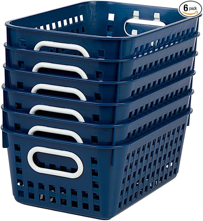Really Good Stuff Medium Plastic Book Baskets, 11" by 7?" by 4?" - 6 Pack, Navy | Versatile Storage Solution for Classroom, Home and Office l Toy Storage, Multi-Purpose Organizer Basket