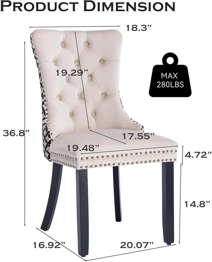 Velvet Upholstered Dining Chairs Set of 6, Modern Style Kitchen Side Chairs with Nailhead Trim and Wood Legs,Metal Pulling Ring for Dining Room Living Room(Quadrangular Star&Beige)