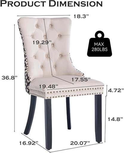 Velvet Upholstered Dining Chairs Set of 4, Modern Style Kitchen Side Chairs with Nailhead Trim and Wood Legs,Metal Pulling Ring for Dining Room Living Room(Quadrangular Star&Beige)