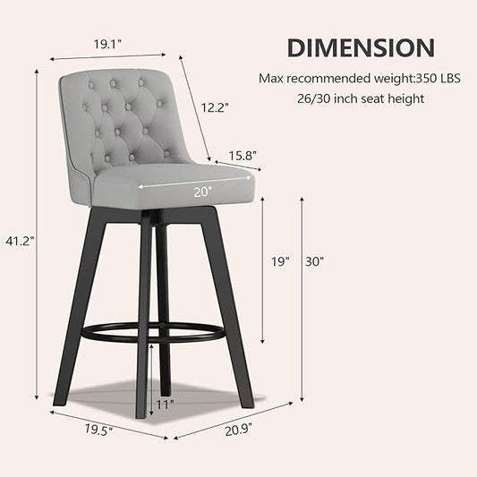 MINCETA Bar Stool, PU Leather Barstool, 30 Inch Upholstered Counter Stool with Low Tufted Back and Footrest, Swivel Counter Height Barstool for Kitchen Island Home Bar Light Gray