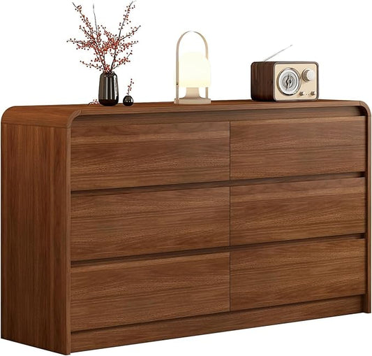 6 Drawer Dresser For Bedroom 55 Inch Wood Chest of Drawers - Curved Anti Collision, Mid Century Dresser For Closet with Natural Texture & Pre-Embedded Slots for TV Stand, Living Room, Nursery