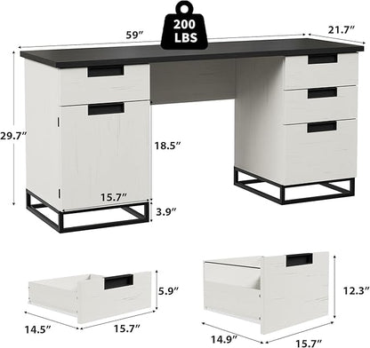 IDEALHOUSE Farmhouse Executive Desk, 59" Computer Desk, White Home Office Desks with File Drawer and Storage Cabinet, Wood Writing Desks for Home Office, Bedroom, White+Black