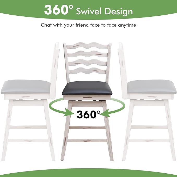 COSTWAY Bar Stools Set of 2, 25” 360° Swivel Counter Height Chairs with Rubber Wood Frame, Cushioned Seat, Ergonomic Backrest & Footrest, Wooden Upholstered Barstools for Kitchen Island (2, 25”)