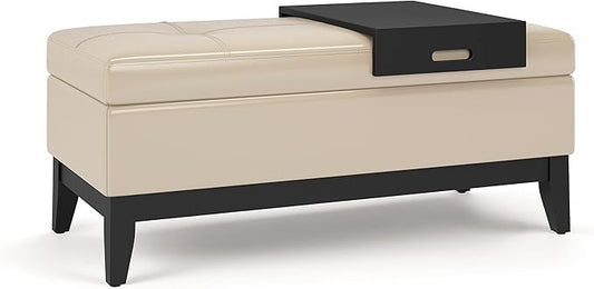 SIMPLIHOME Oregon 42 inch Wide Transitional Rectangle Storage Ottoman Bench with Tray in Satin Cream Vegan Faux Leather, Assembled, For the Living Room, Entryway and Family Room