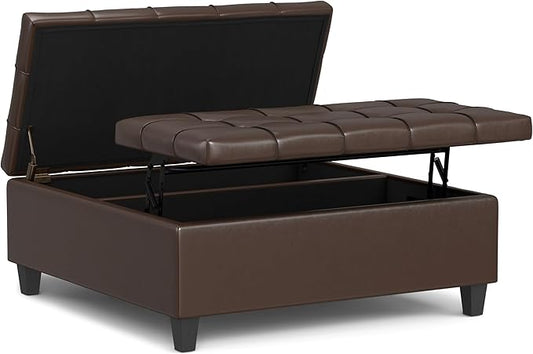 SIMPLIHOME Harrison 40 inch Wide Transitional Square Large Coffee Table Storage Ottoman in Chocolate Brown Vegan Faux Leather, Assembled, for The Living Room and Bedroom