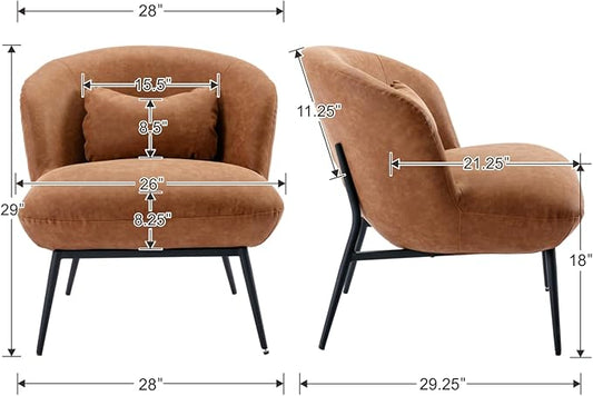 HEAH-YO Modern Accent Chair Set of 1, Living Room Chair with Barrel Backrest, Upholstered PU Faux Leather Armless Side Chair with Metal Legs for Bedroom, Brown