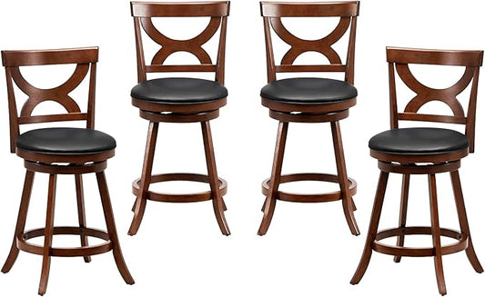 COSTWAY Bar Stools Set of 4, 360-Degree Swivel Chairs with Soft Cushion & Elegant Hollow Backrest, Rubber Wood Footrests, Upholstered Swivel Counter Stools for Kitchen Island, Pub, Café (4, 24‘’)