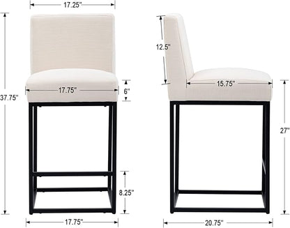 27" Counter Height Bar Stools Set of 3 with Back and Footrest for Kitchen Modern Metal Barstools, Linen Upholstered Bar Chairs Island Stools, Beige