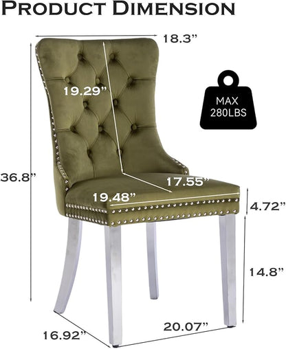 Velvet Upholstered Dining Chairs Set of 8, Modern Kitchen Side Chairs with Nailhead Trim and Silver Plated Leg, Metal Pulling Ring for Dining Room Living Room(Olive Green-Silver Plated Leg)