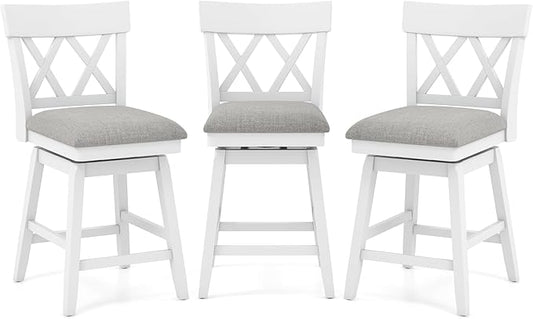 COSTWAY Bar Stool Set of 3 for Kitchen Island, 26" Counter Height Chair with Ergonomic Backrest, Foot Rest, Padded Seat & Solid Wood Structure, 360°Swivel Farmhouse Barstool with Back